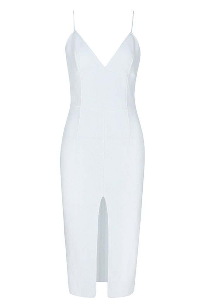 White Strappy Deep V Midi Bandage dress - CHICIDA