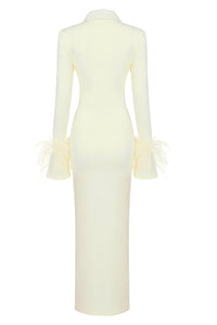 Yellow Long Sleeve Stand Collar Feather Cuff Bandage Dress