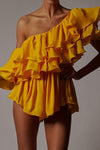 Yellow One Shoulder Ruched Bodysuit - Chicida