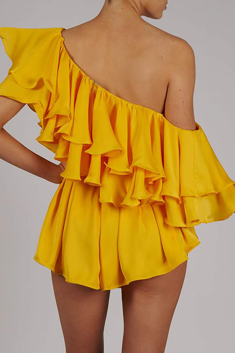 Yellow One Shoulder Ruched Bodysuit - Chicida