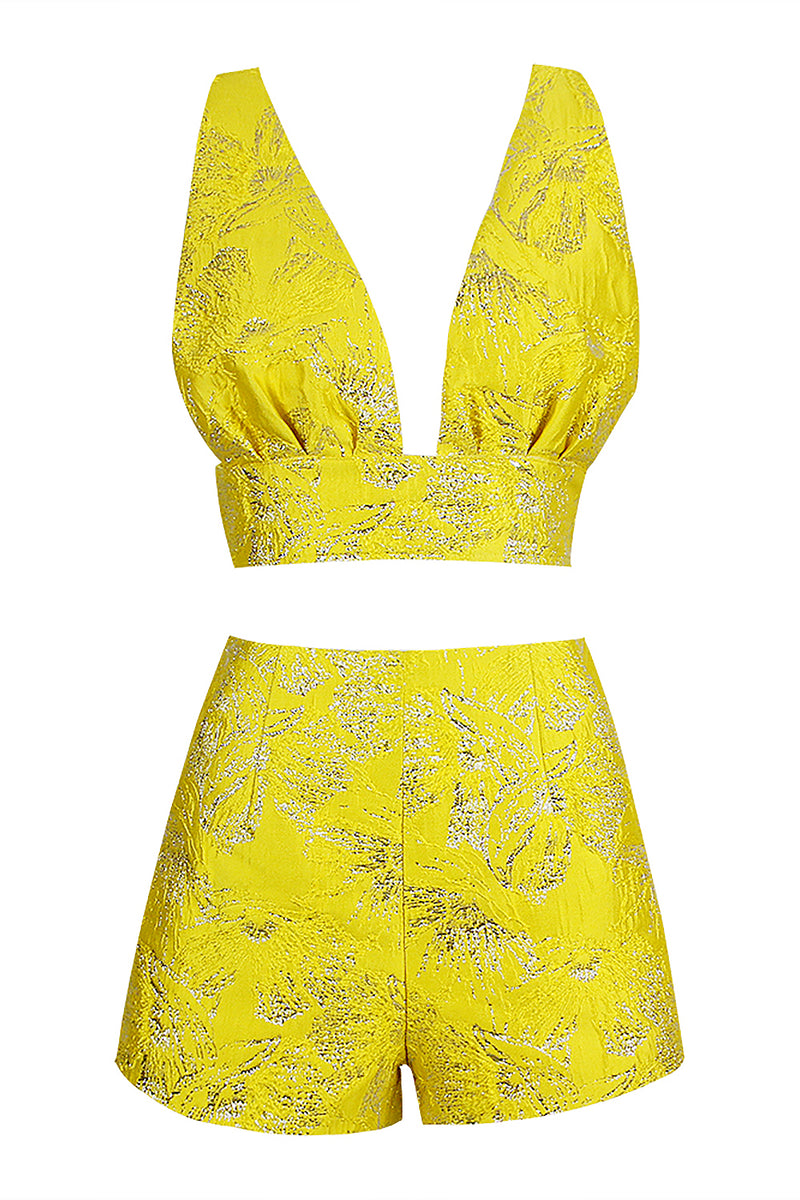 Sequin Crop Top And Shorts Two Piece In Yellow Blue
