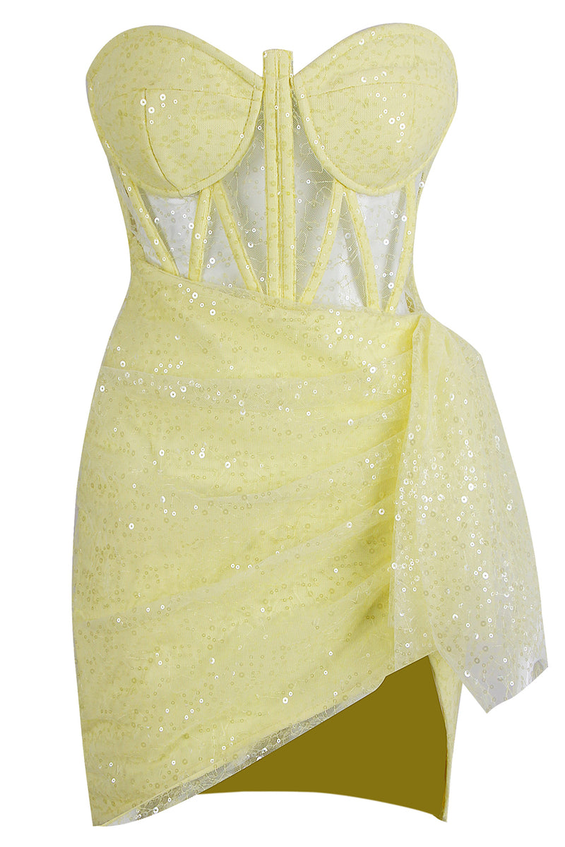 Yellow Sleeveless Sequin Mesh Asymmetric Mini Bandage Dress - Chicida