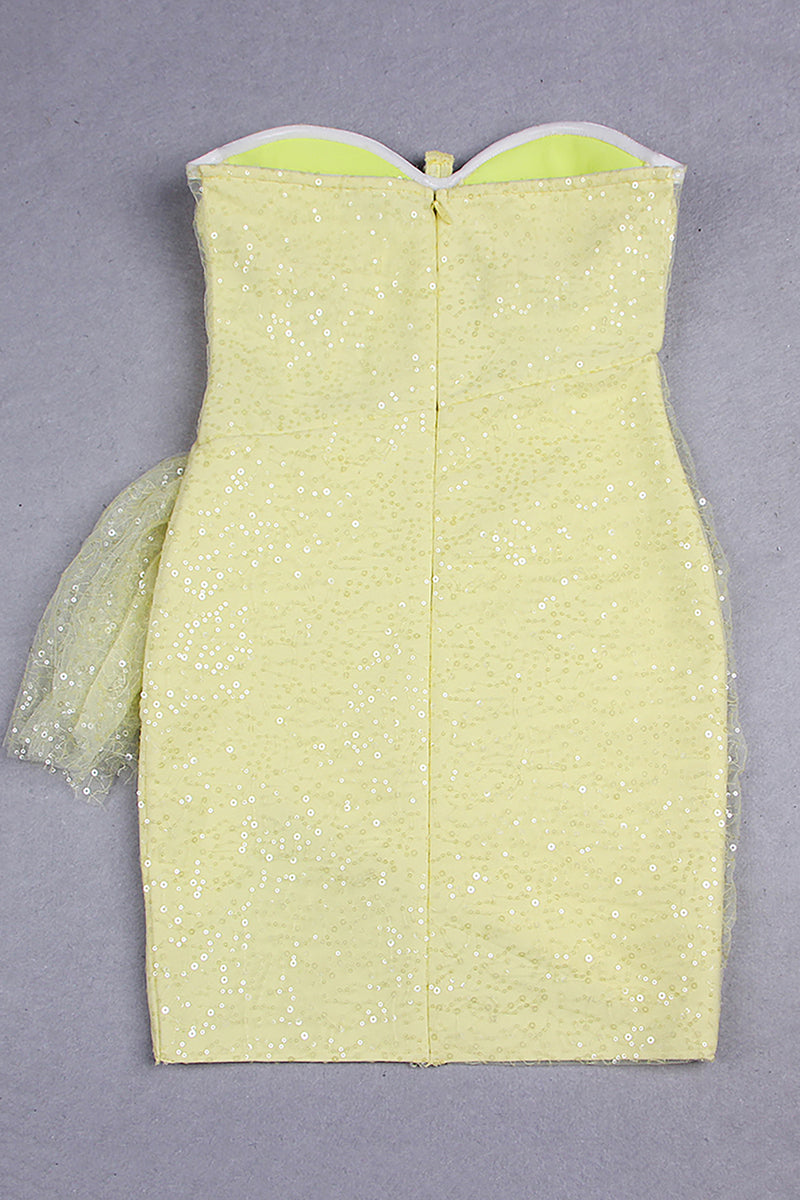 Yellow Sleeveless Sequin Mesh Asymmetric Mini Bandage Dress