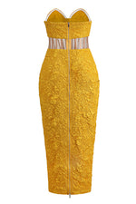 Strapless Embroidery Slim Mesh Midi Dress In Yellow Bky Blue