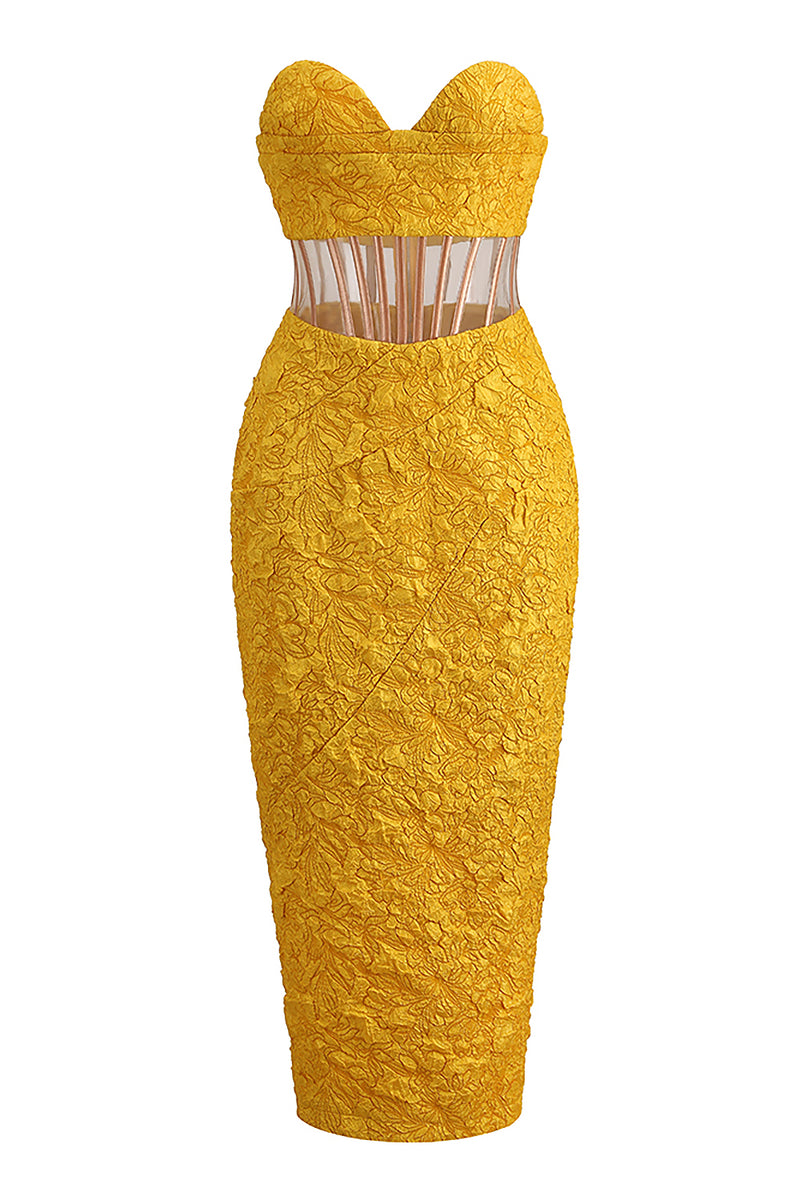 Strapless Embroidery Slim Mesh Midi Dress In Yellow Bky Blue