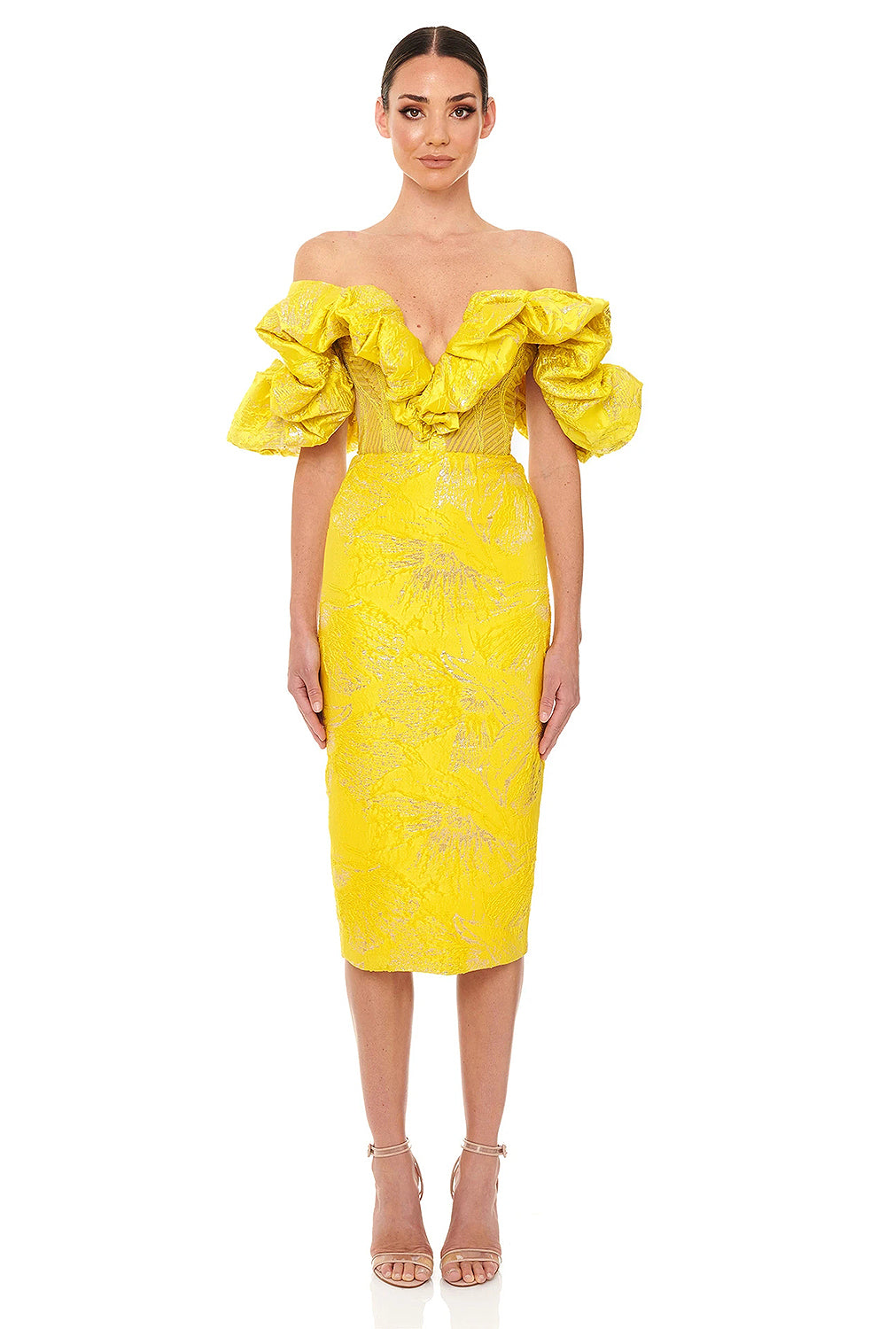 Off The Shoulder Sequin Puff Sleeve Ruffle Midi Dress In Yellow - Chicida