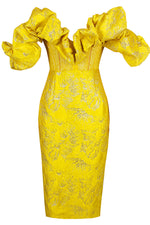 Off The Shoulder Sequin Puff Sleeve Ruffle Midi Dress In Yellow