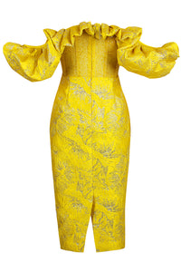 Off The Shoulder Sequin Puff Sleeve Ruffle Midi Dress In Yellow - Chicida