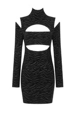 Zebra Striped Turtle neck Hollow Out Long Sleeves Dress - Chicida