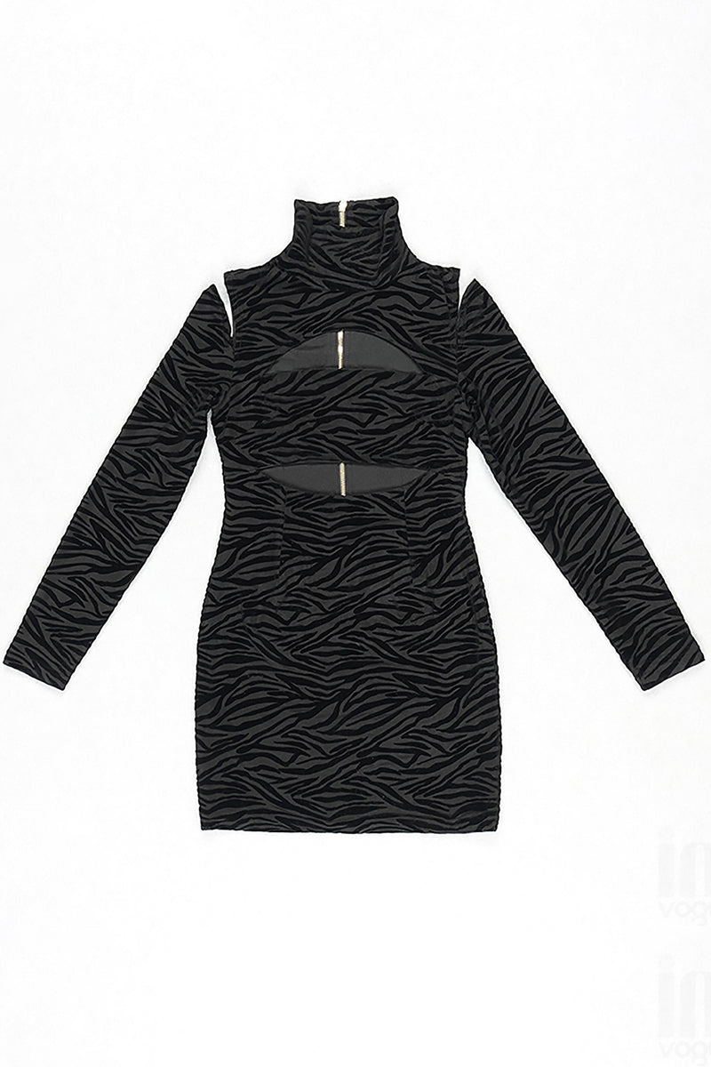Zebra Striped Turtle neck Hollow Out Long Sleeves Dress