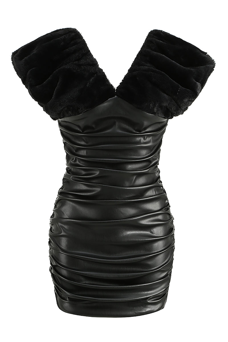 Black Ruched Shawl Leather Coat Dress - Chicida